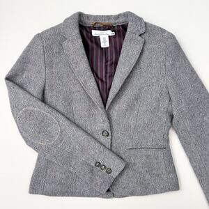 H&M L.O.G.G. Herringbone Tweed Wool Elbow Patch Bookish Cropped Blazer